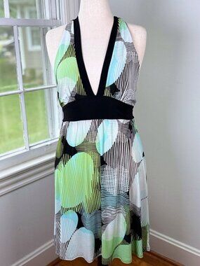 Y2K A List Wrapper Slinky Halter Dress Medium Black Green Wrap Tie Open Back